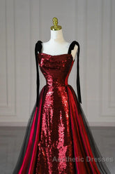 Wine Red Sequins With Black Tulle Straps Long Party Dresses, Wine Red Sequins Evening Prom Dresses